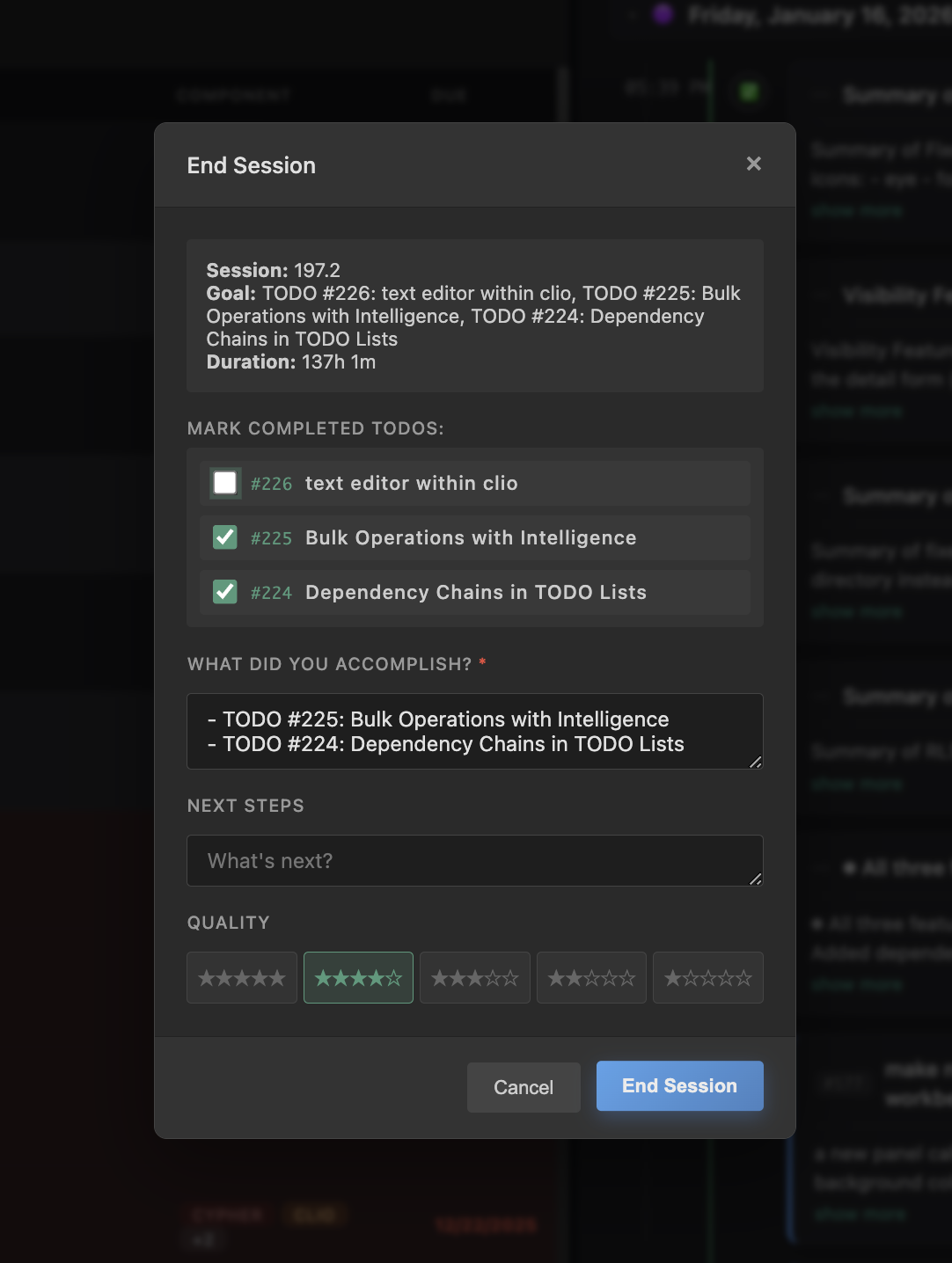 Session tracking panel
