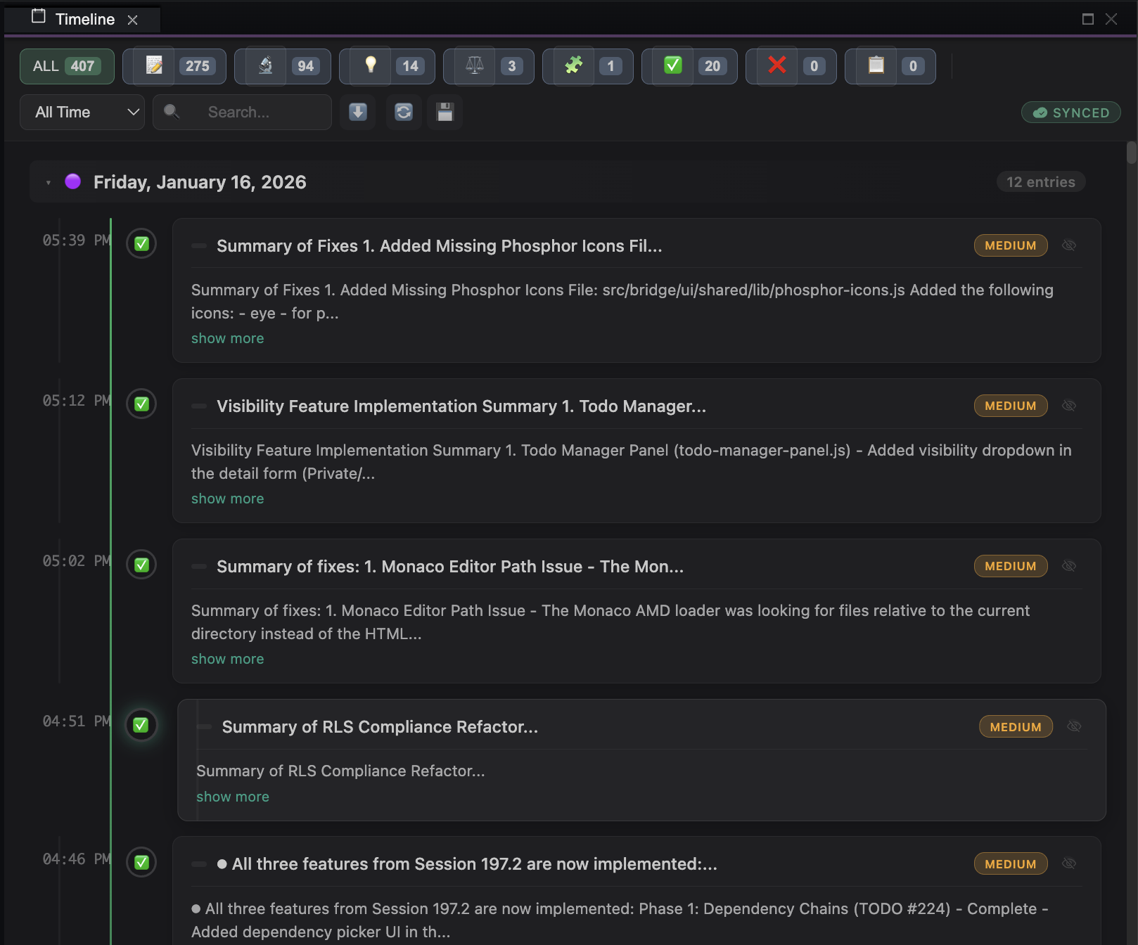 Development Timeline panel